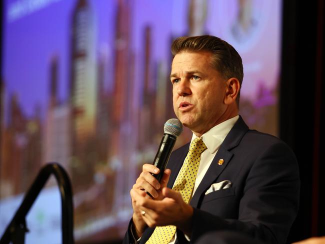Deputy Premier and Planning Minister Jarrod Bleijie addresses the Committee for Brisbane and Council of Mayors (SEQ) lunch in Brisbane on Thursday. Picture: Tertius Pickard