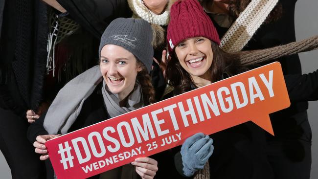 Staff at Gosford RSL (L-R back) Kim Golsby , Nola Ryan , Emma Benson , ( front) Kate Vane-Tempest , Georgia Ryan Pose with Scarfs , Beanies and Gloves which have been donated to their campaign drive. July 10 2018 ( AAP Image / Mark Scott )