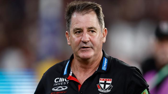 MELBOURNE, AUSTRALIA - MARCH 21: Ross Lyon, Senior Coach of the Saints looks on during the 2024 AFL Round 02 match between the St Kilda Saints and the Collingwood Magpies at the Melbourne Cricket Ground on March 21, 2024 in Melbourne, Australia. (Photo by Michael Willson/AFL Photos via Getty Images)