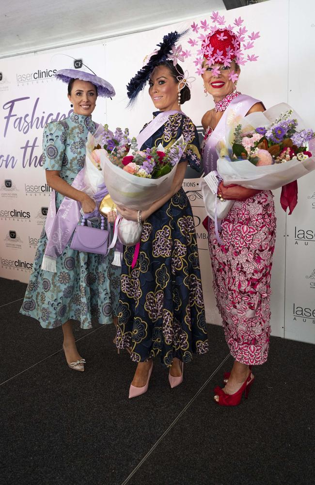 Fashions on the Field winners (from left) Bonni Hartshorn (millinery), Nadine Dimitrioski (winner) and Leigh Quinlan (runner-up) at Weetwood raceday at Clifford Park, Saturday, September 28, 2024. Picture: Kevin Farmer