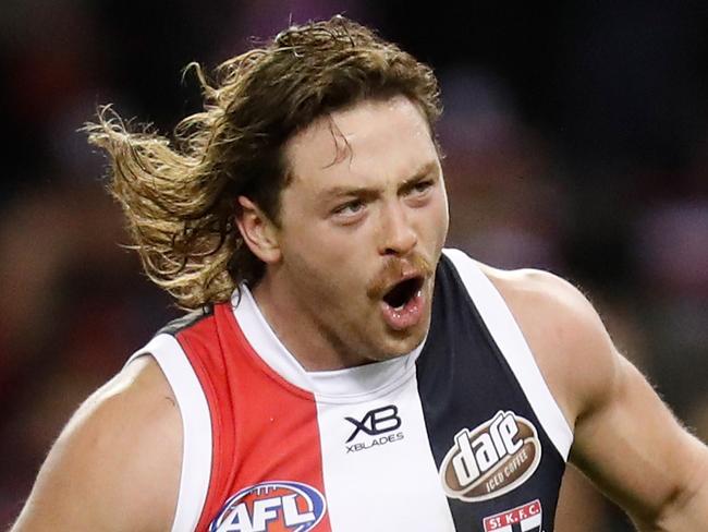 MELBOURNE, AUSTRALIA - AUGUST 11: Jack Steven of the Saints celebrates a goal during the 2019 AFL round 21 match between the St Kilda Saints and the Fremantle Dockers at Marvel Stadium on August 11, 2019 in Melbourne, Australia. (Photo by Michael Willson/AFL Photos via Getty Images)