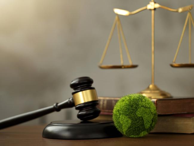 International Law and Environment Law. Green World and gavel with scales of justice and books. law for global economic regulation aligned with the principles of sustainable environmental conservation.