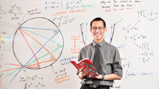 Math teacher Eddie Woo poses during a photo shoot at Cherrybrook Technology High School at Cherrybrokkin April. AAP/Troy Snook