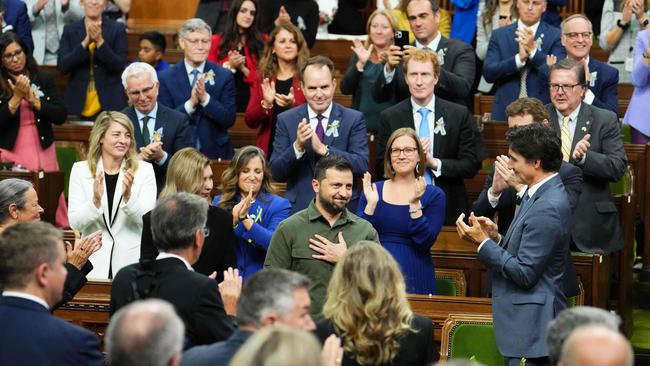 Ukrainian President Volodymyr Zelenskyy and Canadian Prime Minister Justin Trudeau are in hot water over a standing ovation to a Nazi. Picture: AFP