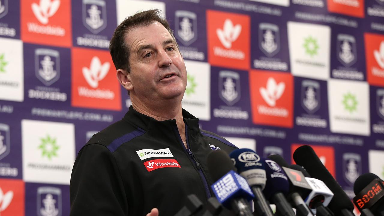 PERTH, AUSTRALIA - AUGUST 02: Fremantle Dockers coach Ross Lyon speaks to the media during a press conference at the Fremantle Derby Club Lecture Theatre on August 02, 2019 in Perth, Australia. (Photo by Paul Kane/Getty Images)