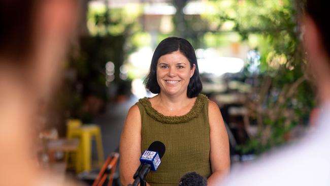 Health Minister Natasha Fyles provides an update on the Northern Territory Check In App at a press conference at Rays Cafe in Darwin. Picture: Che Chorley