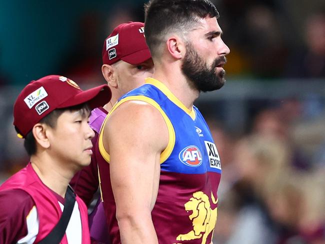 BRISBANE, AUSTRALIA - AUGUST 07: Marcus Adams of the Lions leaves the field during the round 21 AFL match between the Brisbane Lions and the Carlton Blues at The Gabba on August 07, 2022 in Brisbane, Australia. (Photo by Chris Hyde/AFL Photos/via Getty Images )