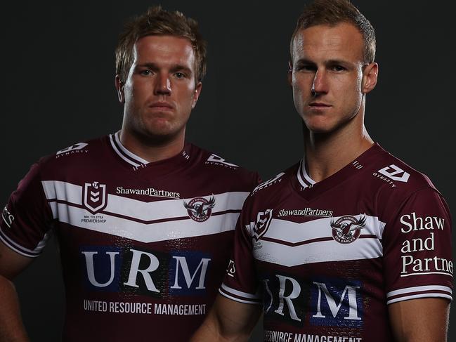 WARNING HOLD CHECK WITH DAILY TELEGRAPH SPORTS EDITOR JAMES SILVER BEFORE USE - Manly's Jake Trbojevic and Daly Cherry-Evans poses for a portrait ahead of the 2020 NRL launch at Stamford Plaza Sydney Airport. Picture: Brett Costello