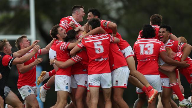 Illawarra South Coast Dragons celebrate win in the Laurie Daley SLE Cup Grand Final. Picture: Sue Graham