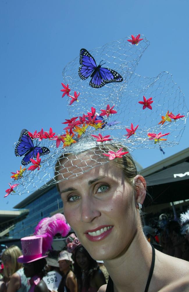 Jo Trim with a wire hat she made herself with butterflies on it.