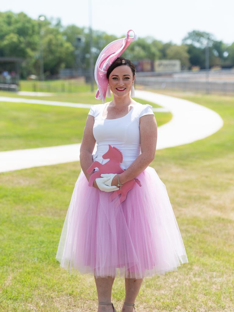 Fashions on the Field competitor Sharrah Kean wears a top by Review and made her own tulle skirt, with a hat by Sonlia. Picture: Che Chorley