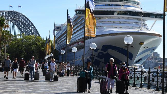 Cruise ship passengers disembark from the Ruby Princess at Circular Quay in Sydney on March 19. Picture: AAP