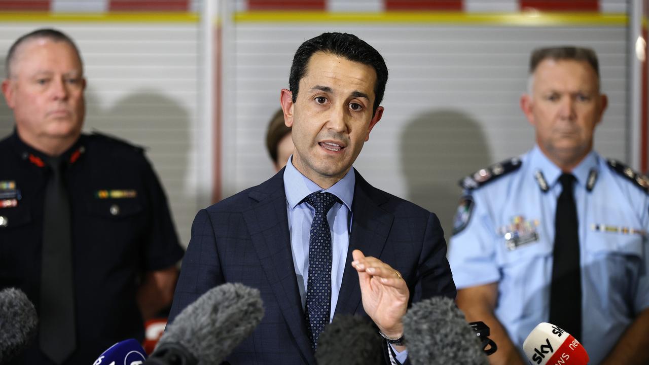 Queensland Fire Department Acting Commissioner Kevin Walsh, Premier David Crisafulli and Queensland Police Acting Commissioner Shane Chelepy address the media over TC Alfred on Tuesday. Picture: Josh Woning