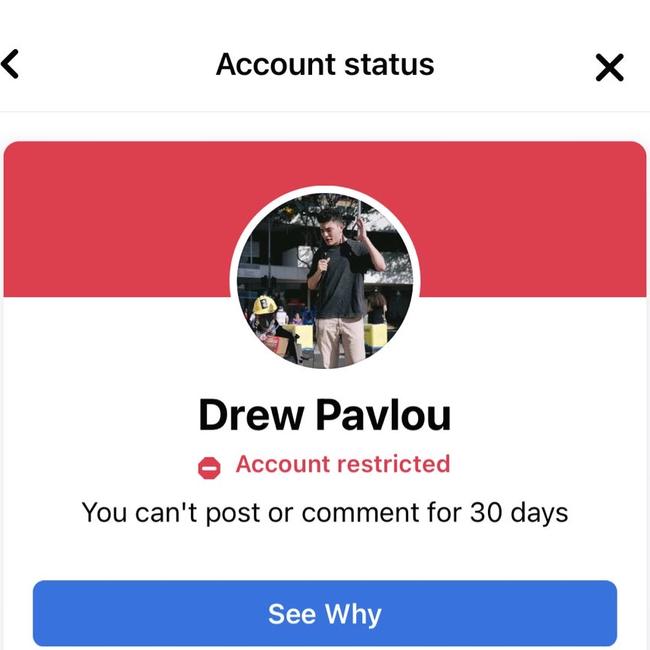 The message alerting Drew Pavlou to his Facebook ban.