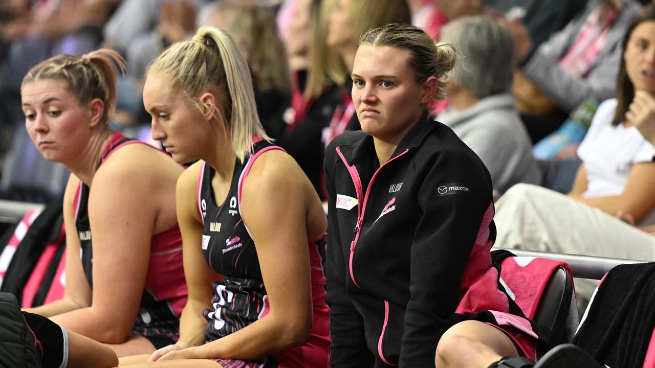 Tippah Dwan of the Thunderbirds sits on the sidelines injured during the round nine Super Netball match between Adelaide Thunderbirds and Queensland Firebirds. Photo: Getty Images