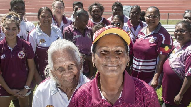 Yarrabah Seahawks Junior Rugby League president Gillian Bann has been awarded the 2021 QRL Female Contribution Award and the 2021 NRL Women In League Award for her contributions to women's rugby league in her community. Pictured with her grandmother 86-year-old lifelong rugby league fan Hope Patterson at the CDRL Semi-Finals at Barlow Park. Picture: Brian Cassey