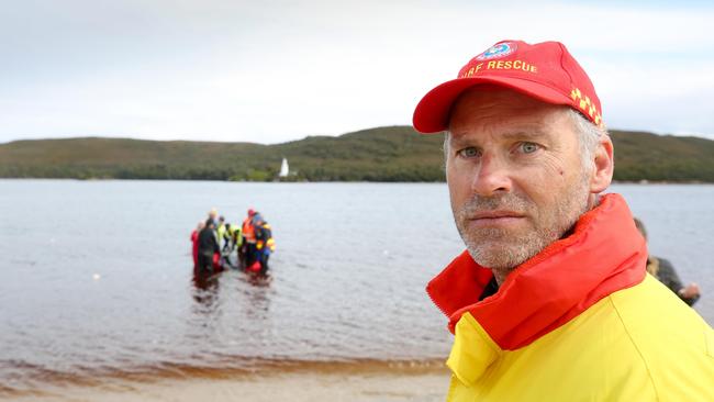 Surf Life Saving Tasmania CEO Tony Van Den Enden over seas the rescue of a large pilot whale that was stranded at Ocean Beach on day four of the Strahan mass stranding rescue effort. Thursday September 24, 2020. Picture: PATRICK GEE