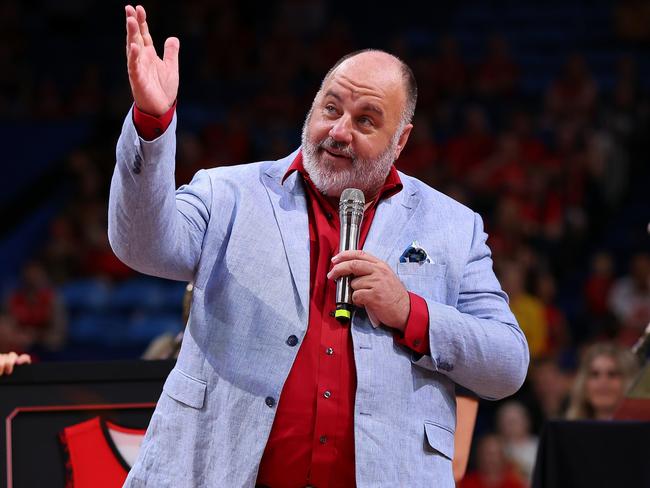 PERTH, AUSTRALIA - JANUARY 20: Craig Hutchison talks during a ceremony to retire the playing number of Shawn Redhage following the round 16 NBL match between Perth Wildcats and Sydney Kings at RAC Arena, on January 20, 2023, in Perth, Australia. (Photo by Paul Kane/Getty Images)