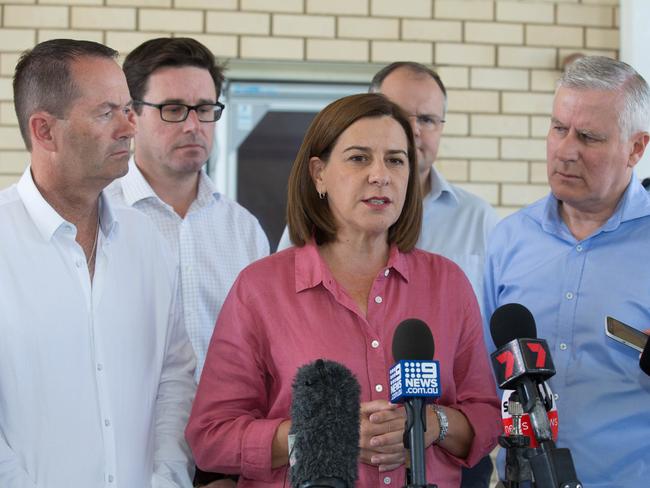 State Opposition Leader Deb Frecklington speaks to the media, flanked by Deputy Prime Minister Michael McCormack (right) and Natural Disaster and Emergency Management Minister David Littleproud (second from left). Picture: Rob Maccoll/AAP