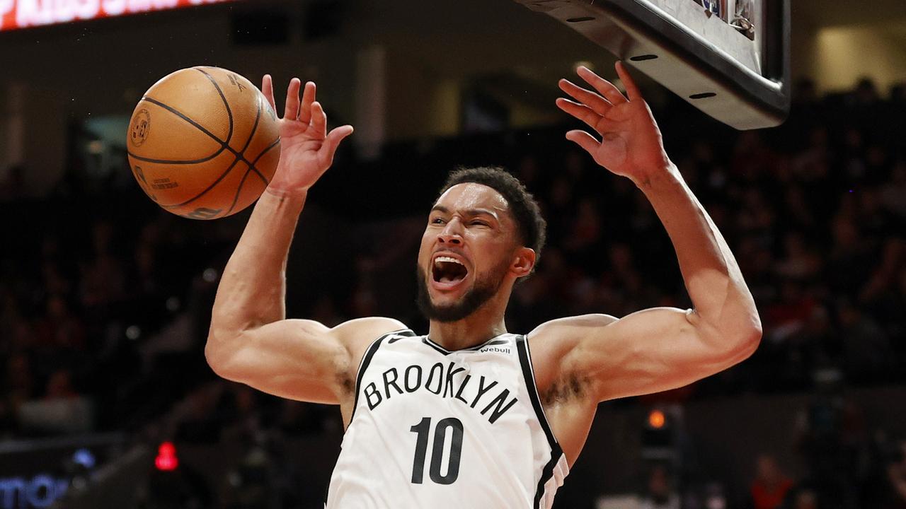 PORTLAND, OREGON - NOVEMBER 17: Ben Simmons #10 of the Brooklyn Nets dunks during the third quarter against the Portland Trail Blazers at Moda Center on November 17, 2022 in Portland, Oregon. NOTE TO USER: User expressly acknowledges and agrees that, by downloading and or using this photograph, User is consenting to the terms and conditions of the Getty Images License Agreement. (Photo by Steph Chambers/Getty Images)