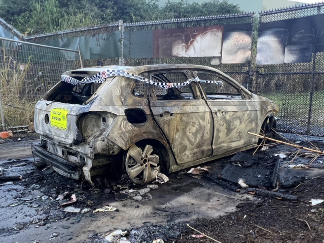 A stolen car burnt out on Warrego Way in Helensvale on Friday June 7, 2024. Picture: Keith Woods.