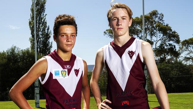 Clarence High School footballers (L-R) Blake Harper 14 and Fletcher Richards 13. Picture: CHRIS KIDD
