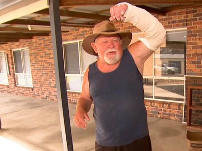 A Queensland grandfather has recounted the moment he confronted an armed intruder who allegedly tried to break into his home, leaving him with a broken arm. Emergency services were called to a property in Ripley near Ipswich about 1.25pm on Monday afternoon after reports of shots being fired inside a house. Picture: 7NEWS