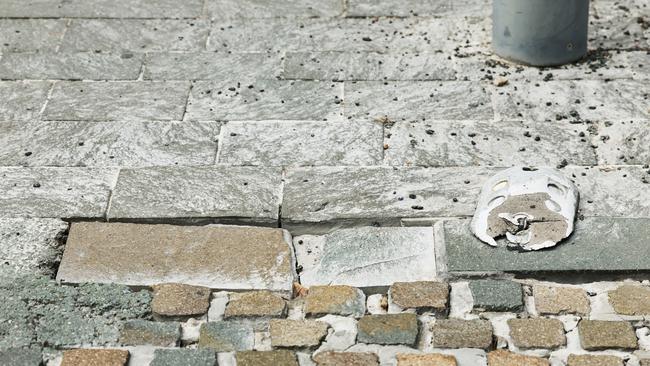 Stone pavers have been dislodged from the shared pedestrian zone on Lake Street, creating an dangerous, uneven surface. Picture: Brendan Radke