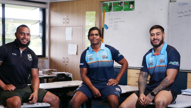 While the Intrust Super Cup rugby league competition has been cancelled this year due to the coronavirus pandemic, Northern Pride players Gideon Gela-Mosby, Terrence Casey-Douglas and Nick Lui Toso are busy in their jobs as teacher aides at Cairns West State School. PICTURE: BRENDAN RADKE.