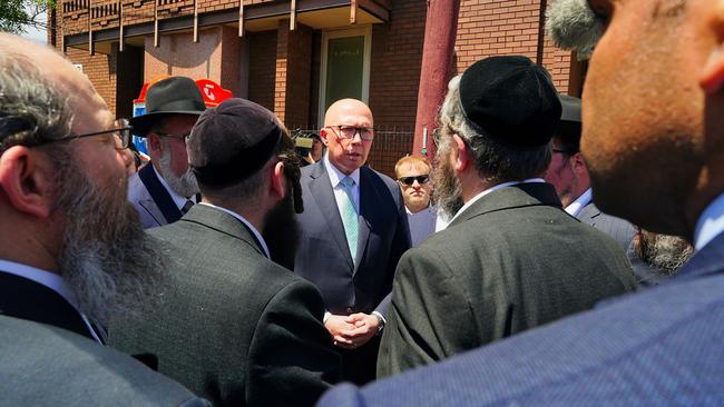 Peter Dutton visits the Adass Israel Synagogue in Ripponlea. Melbourne, on Monday. Picture: Luis Enrique Ascui