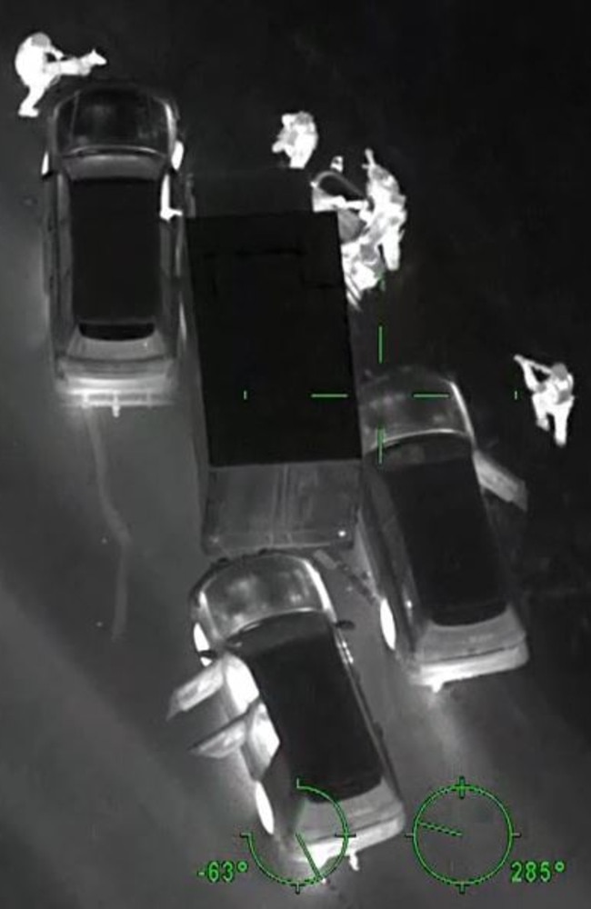 PolAir vision of NSW Police swarming a truck on the M7 to arrest the three occupants over a $40 million cocaine haul from the UK.. Picture: NSW Police