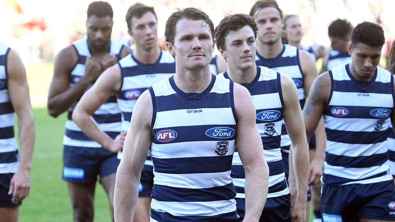 Patrick Dangerfield walks off GMHBA Stadium on Saturday.