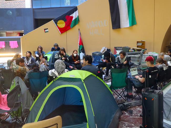 Pro Palestine protesters continue to occupy an Arts building at Melbourne University. Thursday, May 16. 2024. Picture: David Crosling