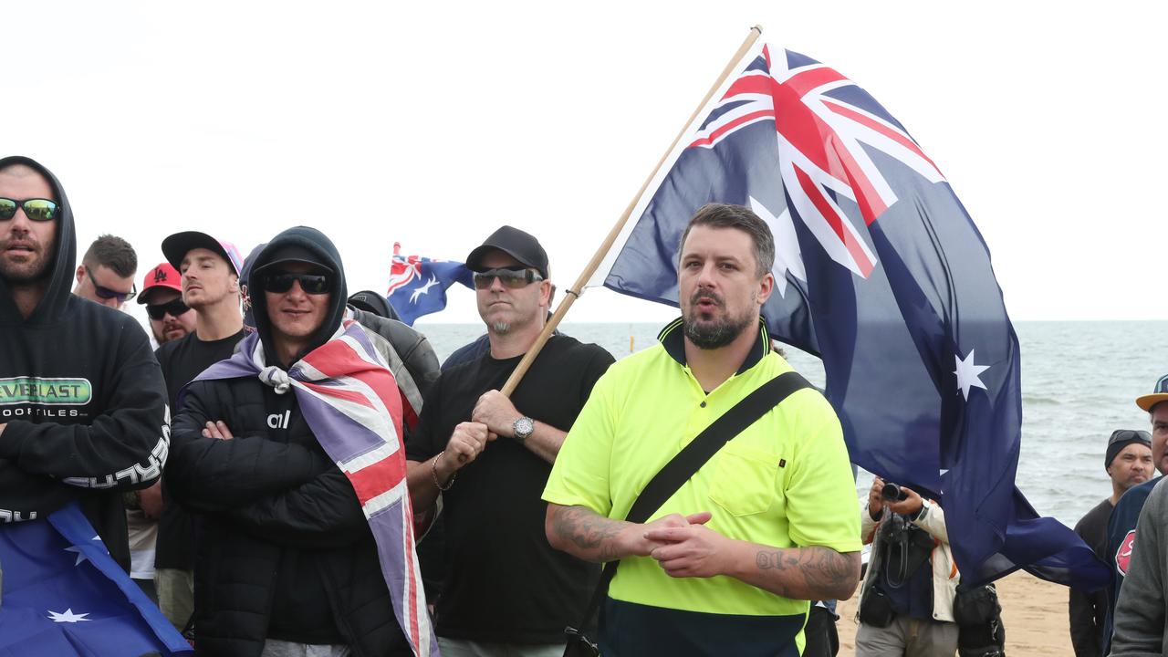 Far-right wing extremist Neil Erikson at his ‘patriots’ rally in Melbourne on Saturday. Picture: AAP