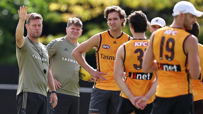 Sam Mitchell replaced Robert Harvey (second from left) in his coaching team with Kade Simpson. Picture: Michael Klein