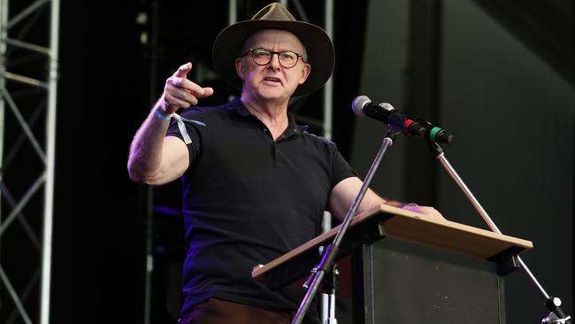 Anthony Albanese speaks about a Voice referendum during the Woodford Folk Festival, Queensland. Picture: NCA Newswire / Claudia Baxter