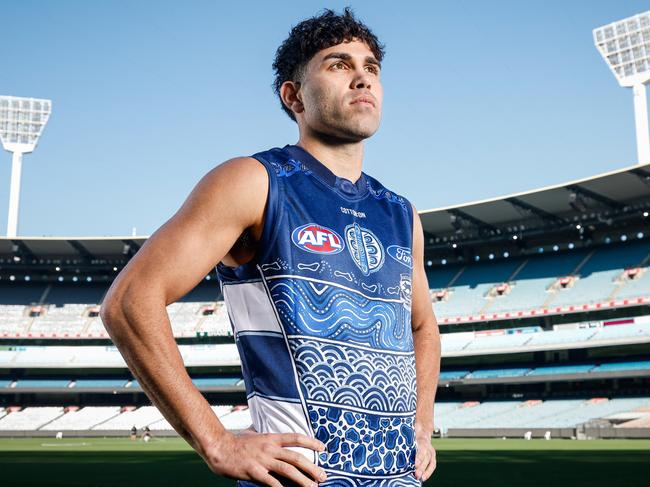 MELBOURNE, AUSTRALIA - MAY 13: Tyson Stengle of the Cats poses for a photo during a Sir Doug Nicholls Round media opportunity at Melbourne Cricket Ground on May 13, 2024 in Melbourne, Australia. (Photo by Dylan Burns/AFL Photos via Getty Images)