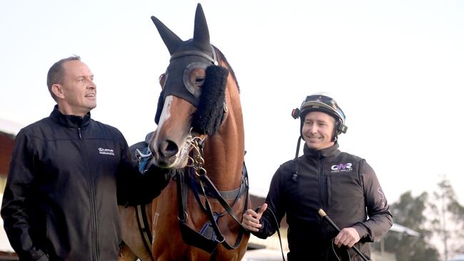 Chris Harwood (right) with Espiona and Chris Waller. Picture: Jeremy Piper.