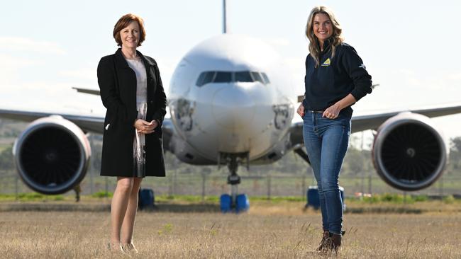 Ali Davenport, left, with Jasmine Riddle, of JRS Manufacturing Group, at the Wellcamp Airport outside Toowoomba. Picture: Lyndon Mechielsen