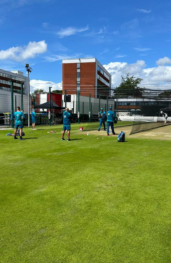 Marnus Labuschagne training under the watch of five coaches long after the rest of the Australian team had packed up for the day. Picture: Daniel Cherny