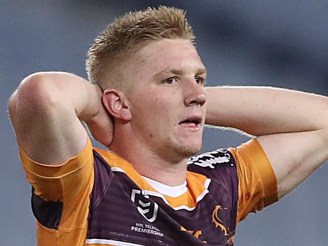 SYDNEY, AUSTRALIA - AUGUST 07: Tom Dearden (R) of the Broncos reacts after losing the round 13 NRL match between the South Sydney Rabbitohs and the Brisbane Broncos at ANZ Stadium on August 07, 2020 in Sydney, Australia. (Photo by Mark Kolbe/Getty Images)