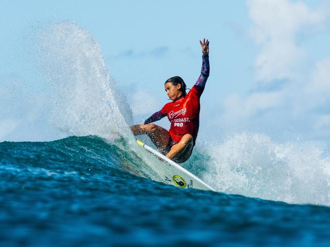 Sally Fitzgibbons carving up at the 2024 Bonsoy Gold Coast Pro. Picture: Cait Miers/World Surf League