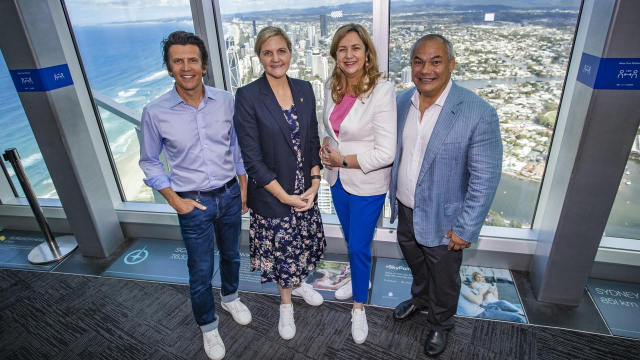 IOC Games executive director Christophe Dubi and IOC executive Kirsty Coventry joined Premier and Olympics Minister Annastacia Palaszczuk and Gold Coast Mayor Tom Tate at Q1 during an IOC visit to the Gold Coast. Picture: Nigel Hallett