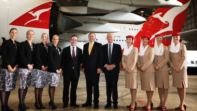 Alan Joyce, the transport minister Anthony Albanese and Emirates president Tim Clark pictured in 2013 at the launch of first flight to Dubai under Qantas/Emirates codeshare partnership.