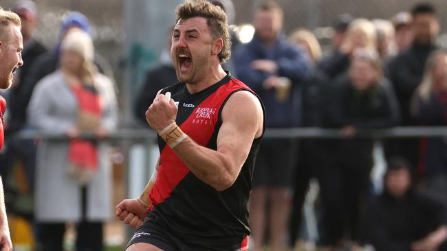 RDFL grand final: Riddell v Diggers Rest: Dylan Tarczon of Riddell (R) celebrates a goal on Sunday September 11th, 2022, in Romsey, Victoria, Australia.Photo: Hamish Blair