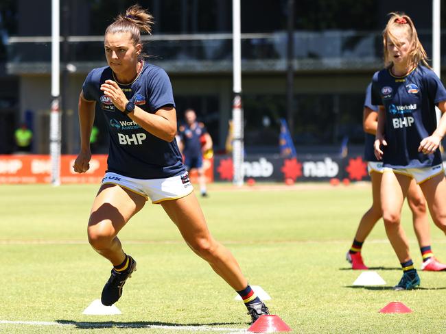 Ebony Marinoff in her pre-game routine during the 2021 AFLW season, which saw the Crows finish runners-up after losing to Brisbane in the grand final. Picture: PAUL KANE/GETTY IMAGES