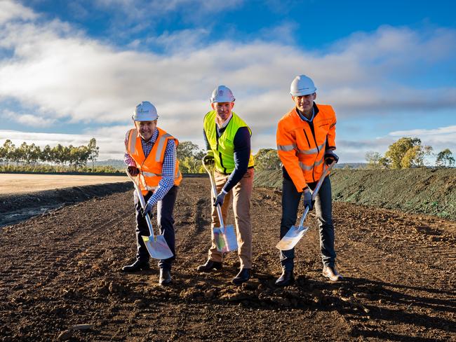 Stanwell CEO Michael OÃ¢â¬â¢Rourke, Energy Minister Mick de Brenni and Cubico's David Smith at the site of the Wambo Wind Farm near Dalby.