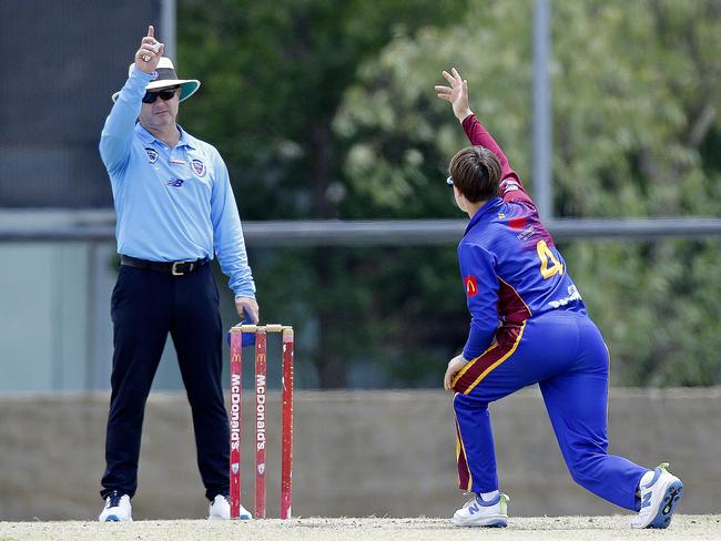 Northern District bowler Max Guazarotto puts in a big appeal for LBW to claim the wicket of Blacktown's Om Mogale. Picture: John Appleyard