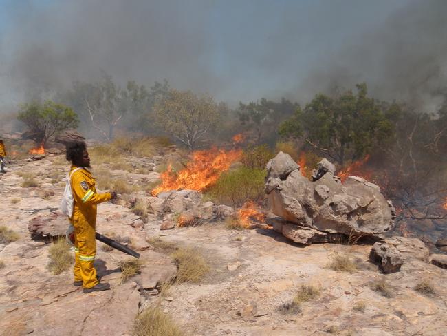 Warddeken indigenous land ranger, Rodney Naborlhborlh, in East Arnhem carrying out controlled burning to reduce weeds and help preserve native animals