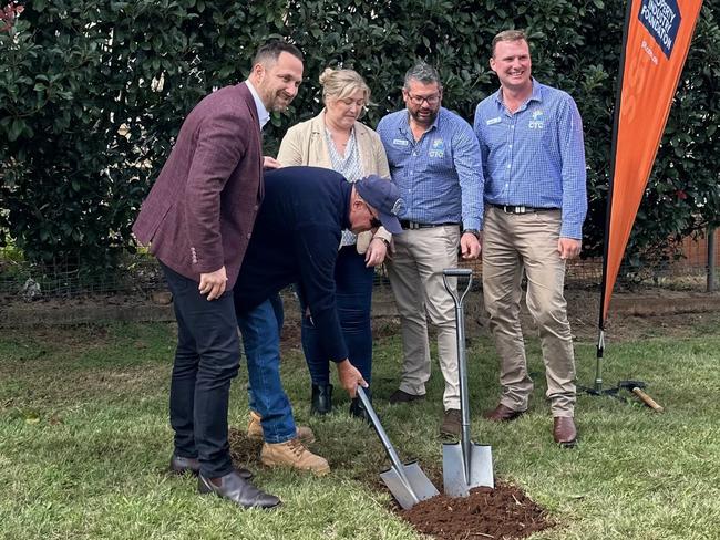 Jackson Hills, Rebecca Field, Shaun Bliesner and Jason Erbacher turning the first sod on the Haven House project.